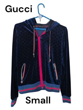 Gucci Navy Velour Zip-up Hoodie Red Zip and Striped Trim Track